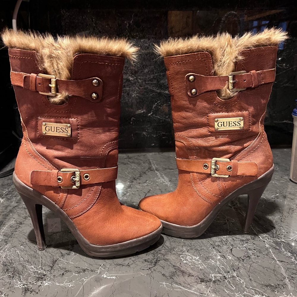 Guess Women's GW Benny Faux Fur Leather Heeled Boots 7.5